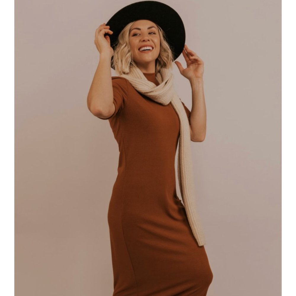 ROOLEE Burnt Orange Ribbed Midi Dress